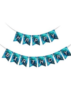 Beyblade Theme Happy Birthday Banner (6 inches/250 GSM Cardstock/Blue & Gray/13Pcs)