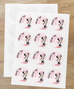 Minnie Theme- Return Gift/birthday decor Thankyou Sticker (6 CM/Sticker/Pink, Black, & White/24Pcs)