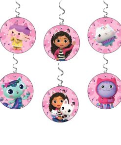 Gabby Dollhouse Theme Hanging Danglers - Set of 6, Double-Sided Prints, 6 Inches Each with Hanging Ribbon (6 Inches/250 GSM Cardstock/Mixcolour/6Pcs)